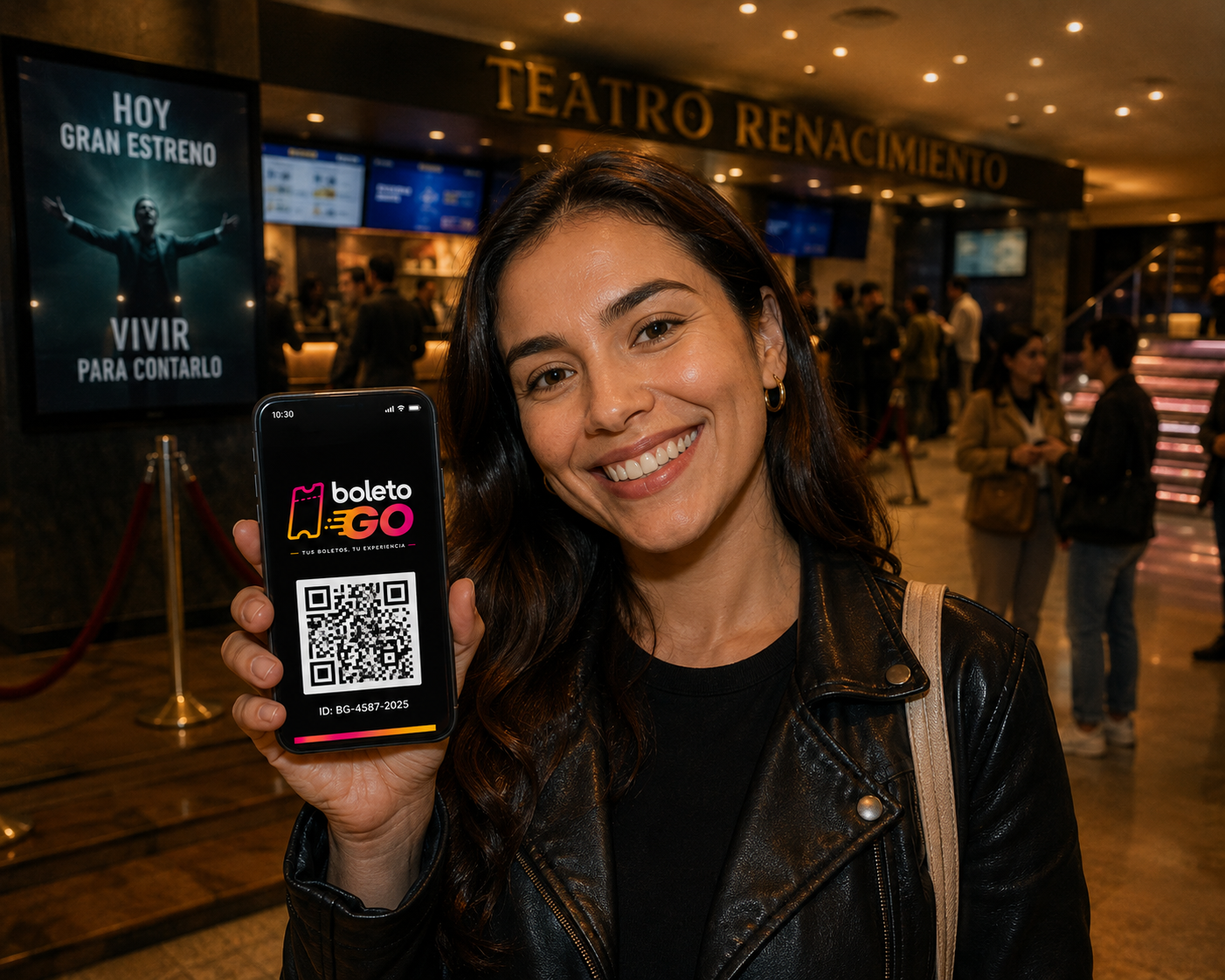 Boleto con código QR de Boleto Go listo para mostrar en la entrada del teatro